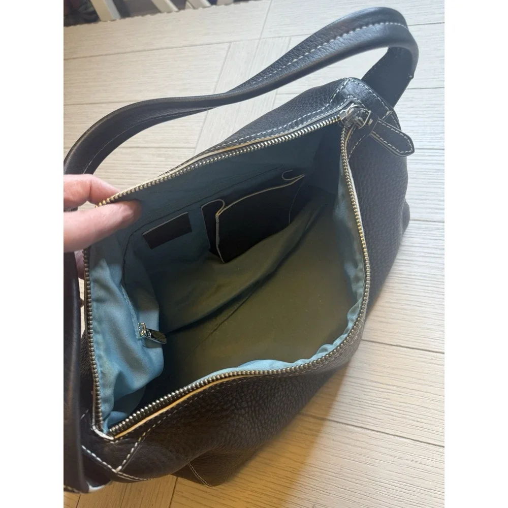 Cole Haan Black Pebble Leather Shoulder Bag‎ W/ Contrast Stitching, Zip Close.